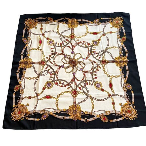 Vintage Liz Sinclair Made in Japan Polyester Scarf Medallions Chains Jewels - Picture 1 of 7